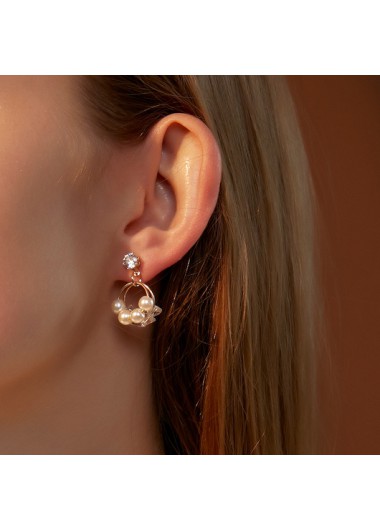 Modlily Gold Pearl Rhinestone Metal Detail Earrings - One Size