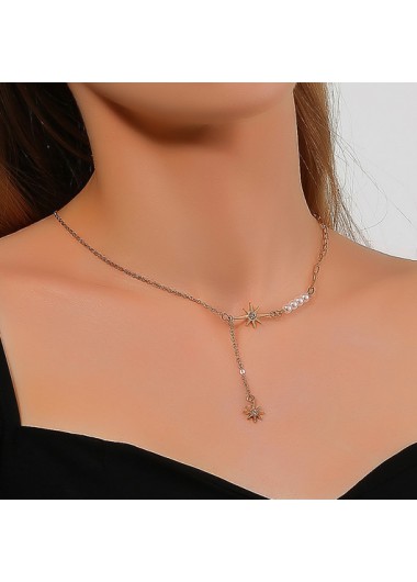Modlily Star Pendant Pearl Design Gold Necklace - One Size