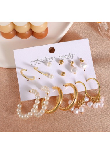 Modlily Pearl Metal Detail Gold Earring Set - One Size