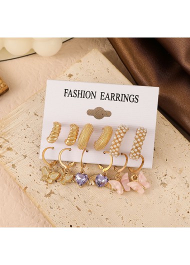 Modlily Butterfly Design Gold Heart Detail Pearl Earring Set - One Size