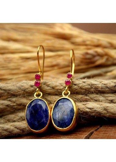 Modlily Blue Gemstone Oval Metal Detail Earrings - One Size