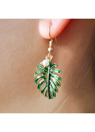 Modlily Green Leaf Design Pearl Metal Detail Earrings - One Size