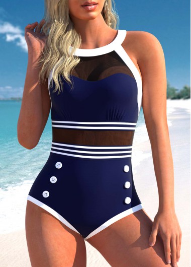 Modlily Navy Blue Striped Mesh Stitching One Piece Swimwear - S