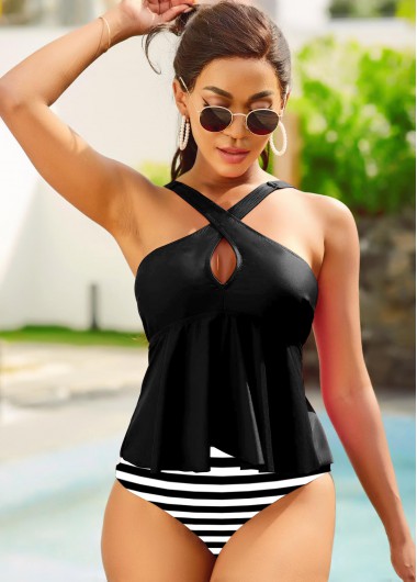 Modlily Cross Front Black Striped Tankini Set - L