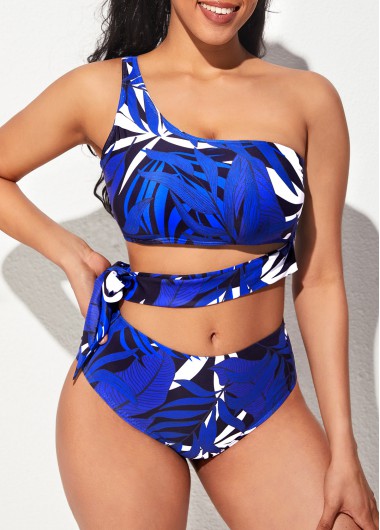 Modlily One Shoulder Tie Side Blue Leaf Print Bikini Set - M