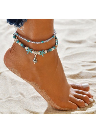 Modlily Turquoise Starfish and Conch Design Anklet - One Size