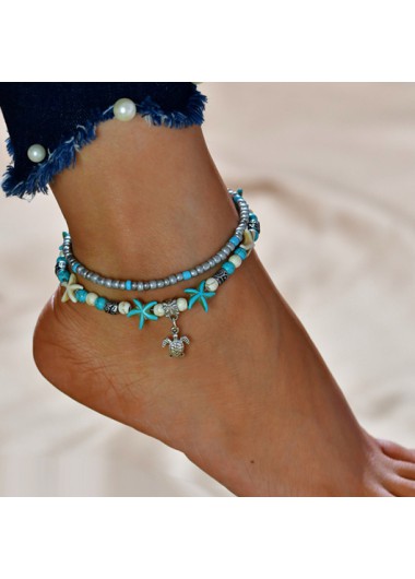 Modlily Starfish and Turtle Design Turquoise Anklet - One Size