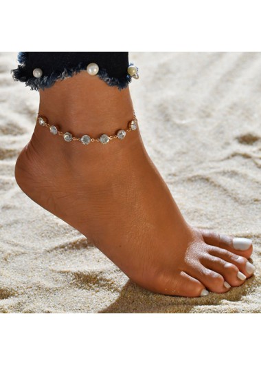 Modlily Metal Detail Rhinestone Design Gold Anklet - One Size