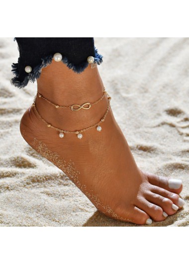Modlily Layered Design Gold Pearl Pendant Anklet - One Size