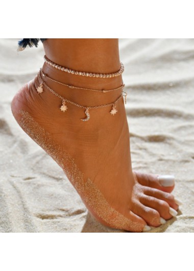 Modlily Beads Detail Gold Star and Moon Design Anklet Set - One Size