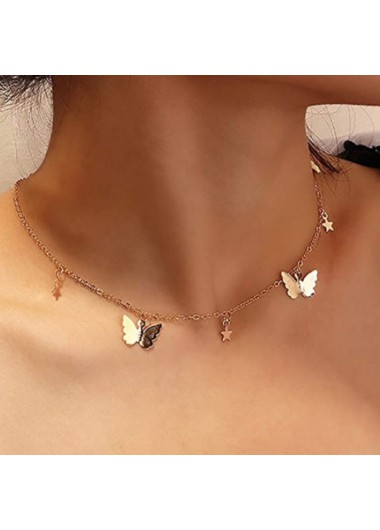 Modlily Gold Butterfly and Star Metal Detail Necklace - One Size