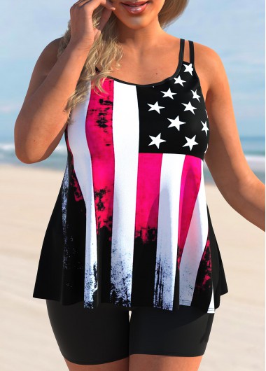 Modlily Independence Day July 4Th American Flag Print Plus Size Double Straps Plus Size Tankini Top 