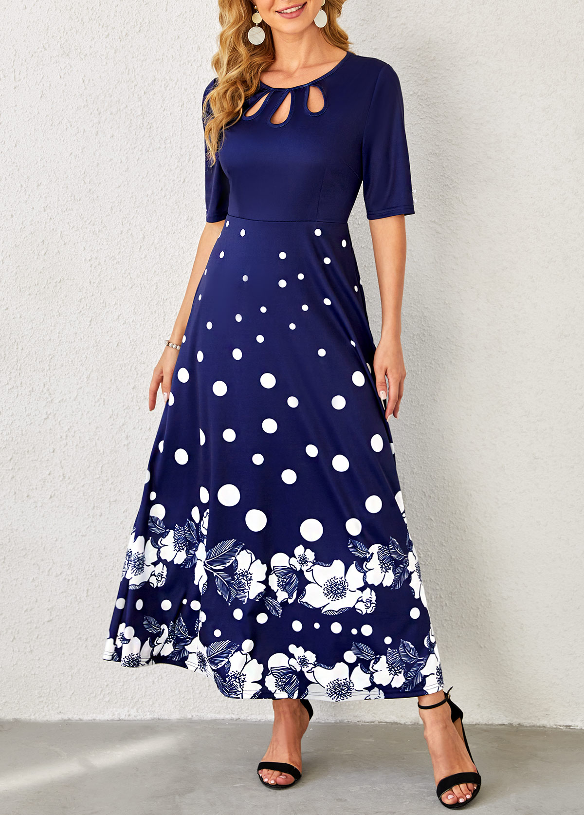 Polka Dot Floral Print Navy Blue Dress