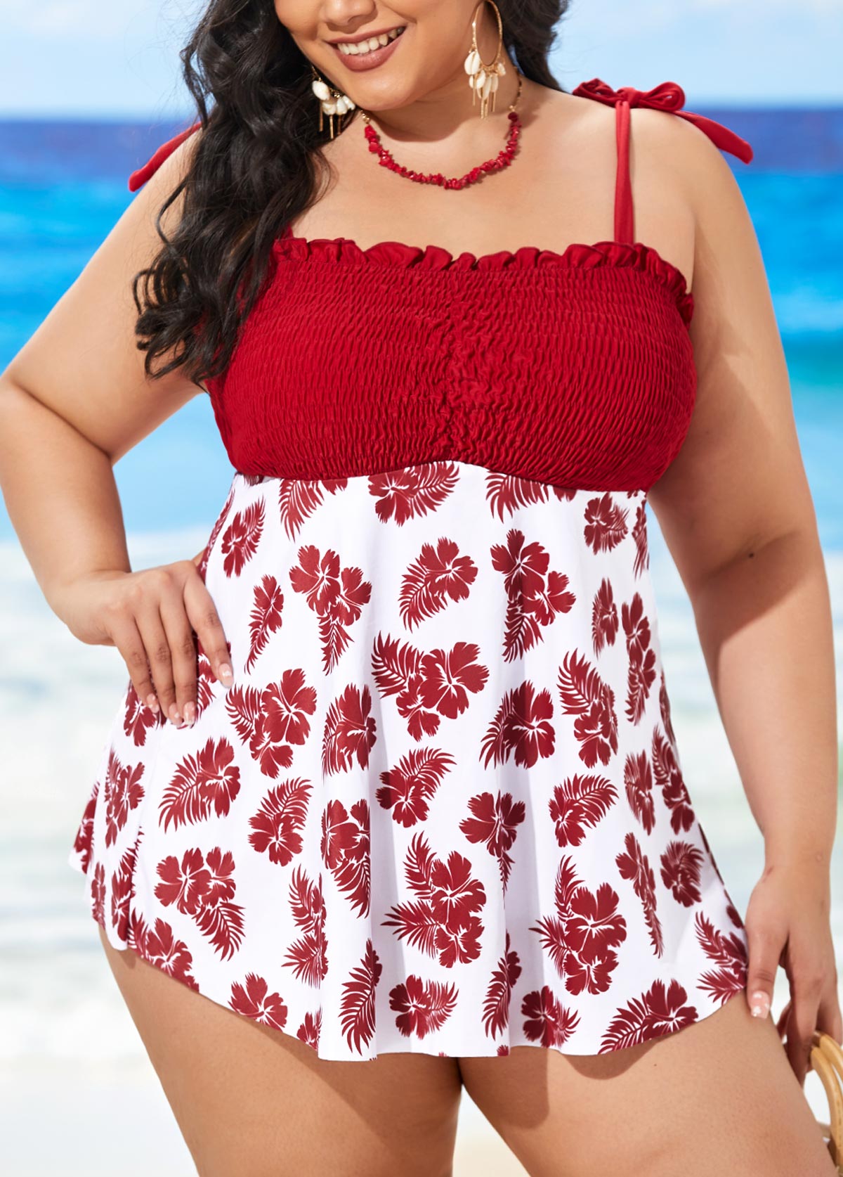 Smocked Plus Size Floral Print Swimdress and Panty