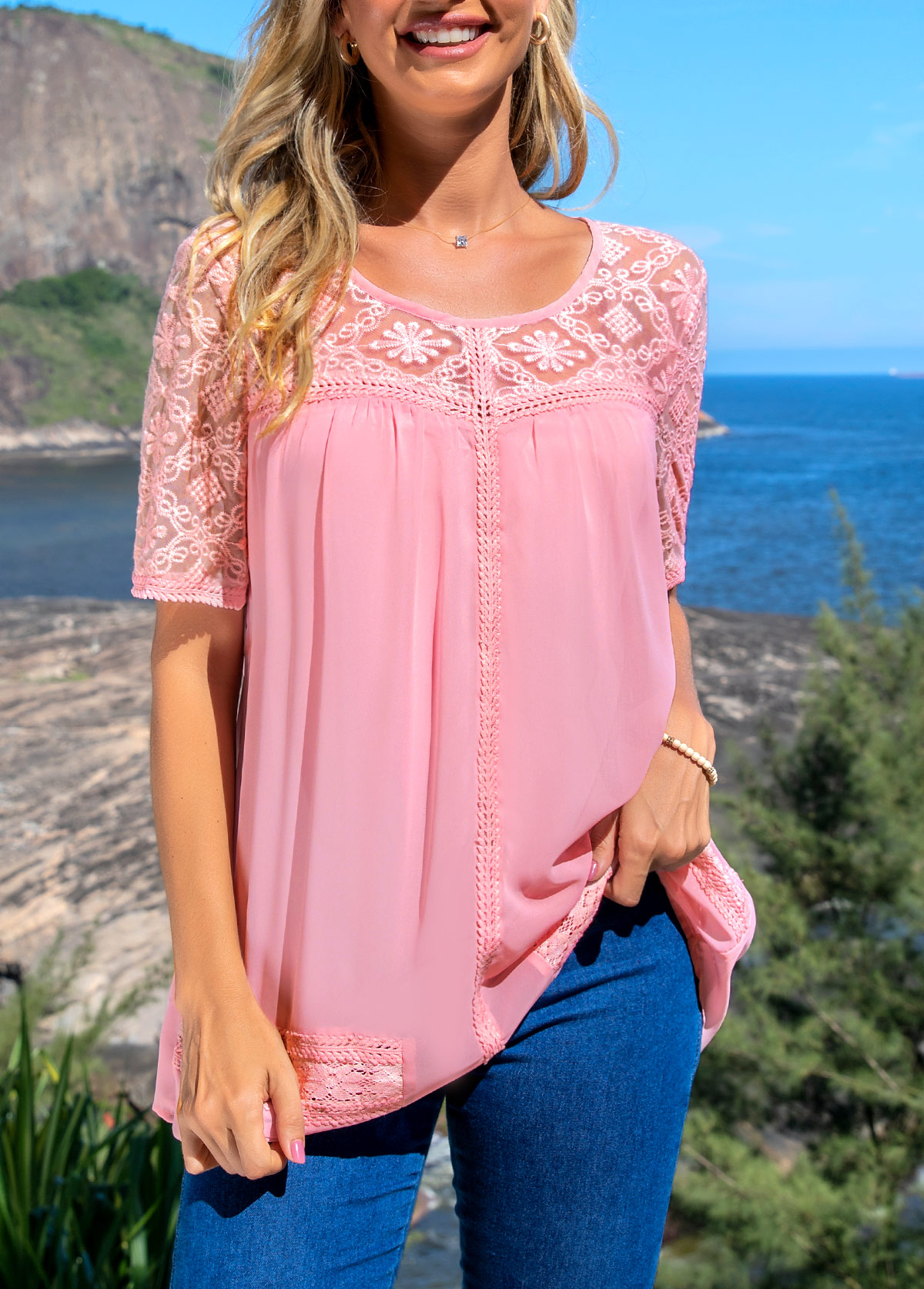 Lace Patchwork Round Neck Pink Blouse