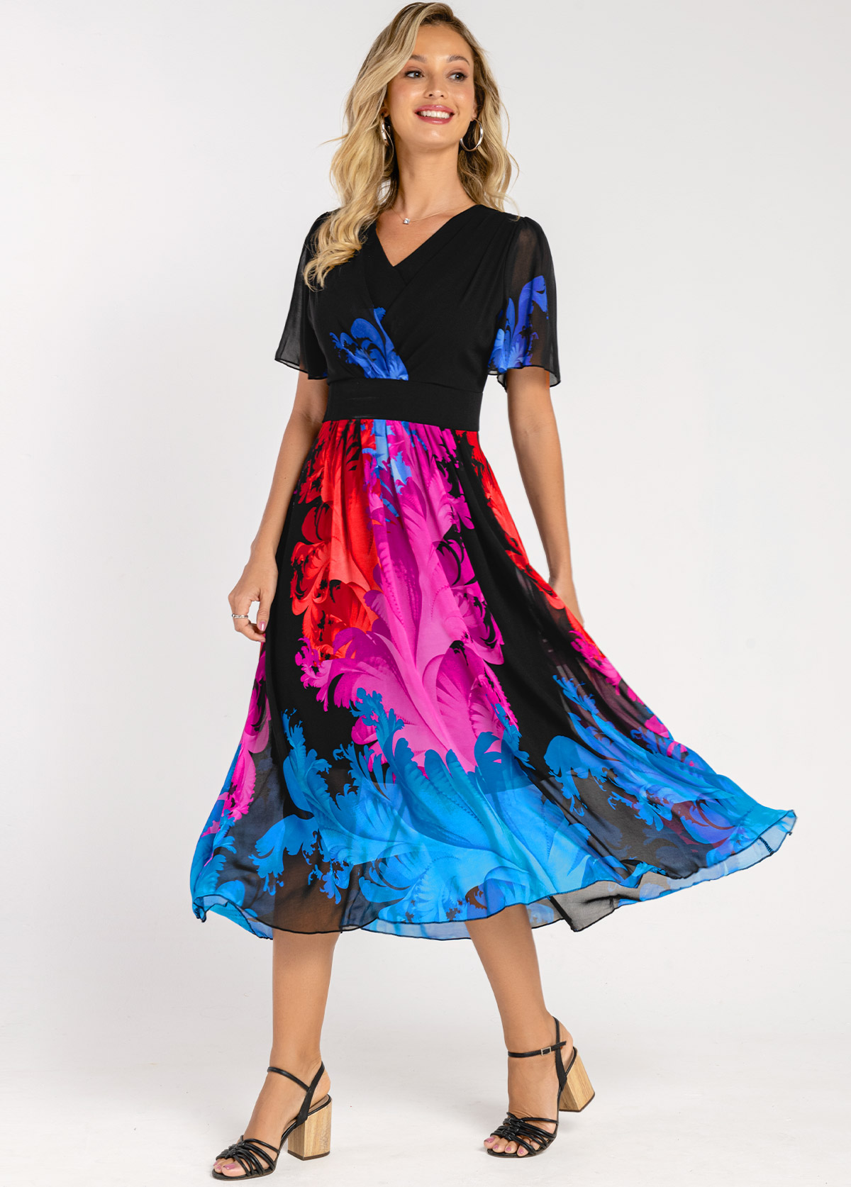 Colorful Print V Neck High Waisted Dress