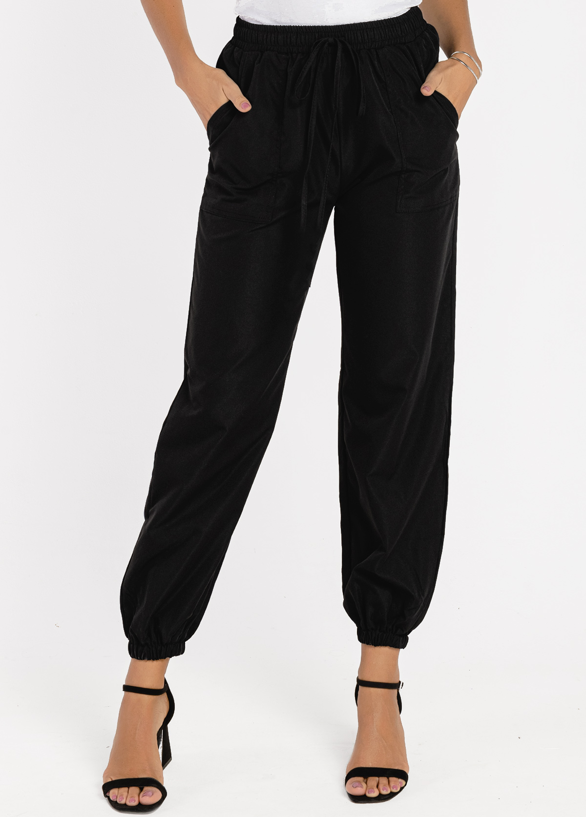 Black High Waisted Pocket Tie Front Pants