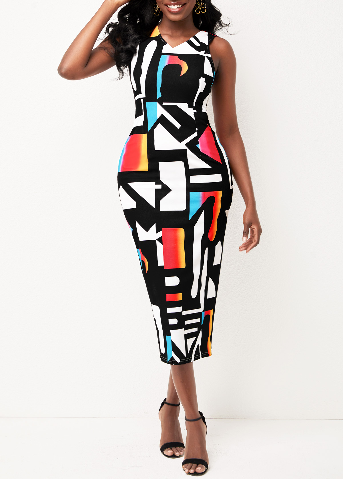 Geometric Print Multi Color V Neck Dress