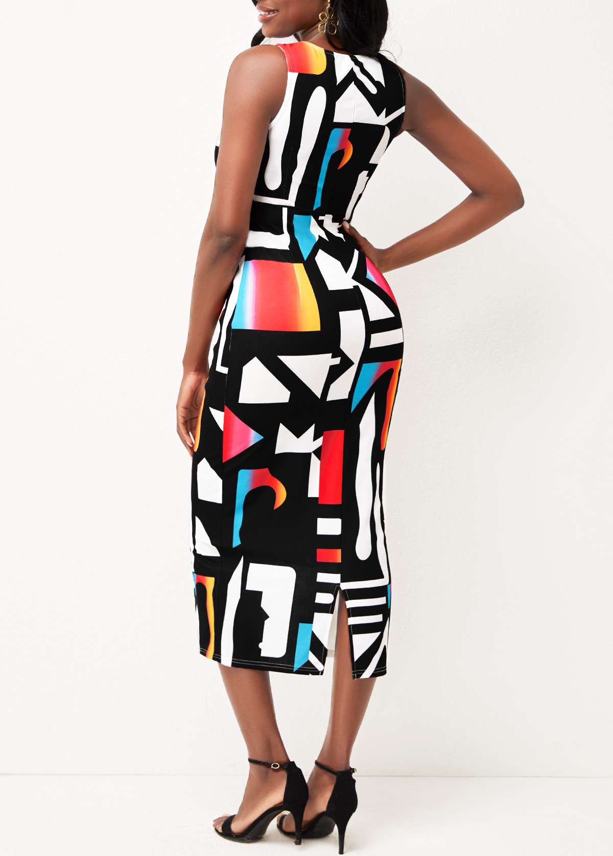 Geometric Print Multi Color V Neck Dress