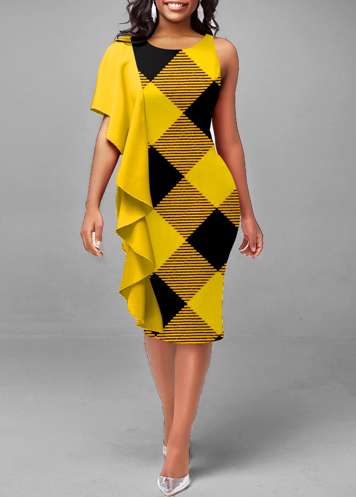 Flounce Plaid Yellow Round Neck Dress