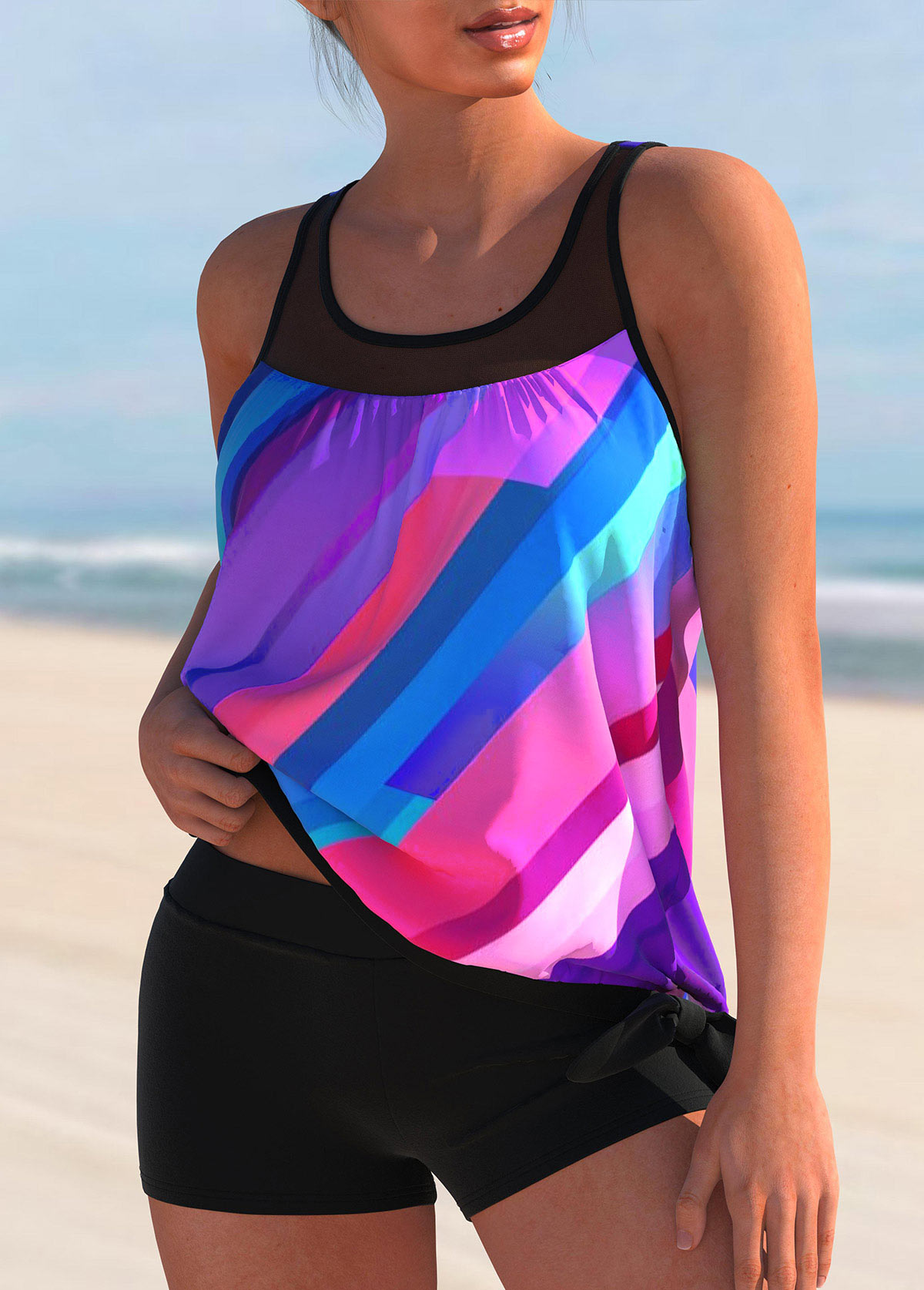 Geometric Print Mesh Stitching Rainbow Color Tankini Set | picture 