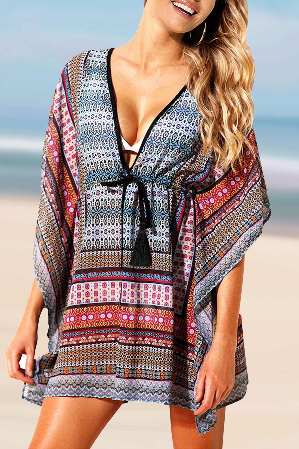 Tribal Print Tie Front 3/4 Sleeve Cover Up Dress