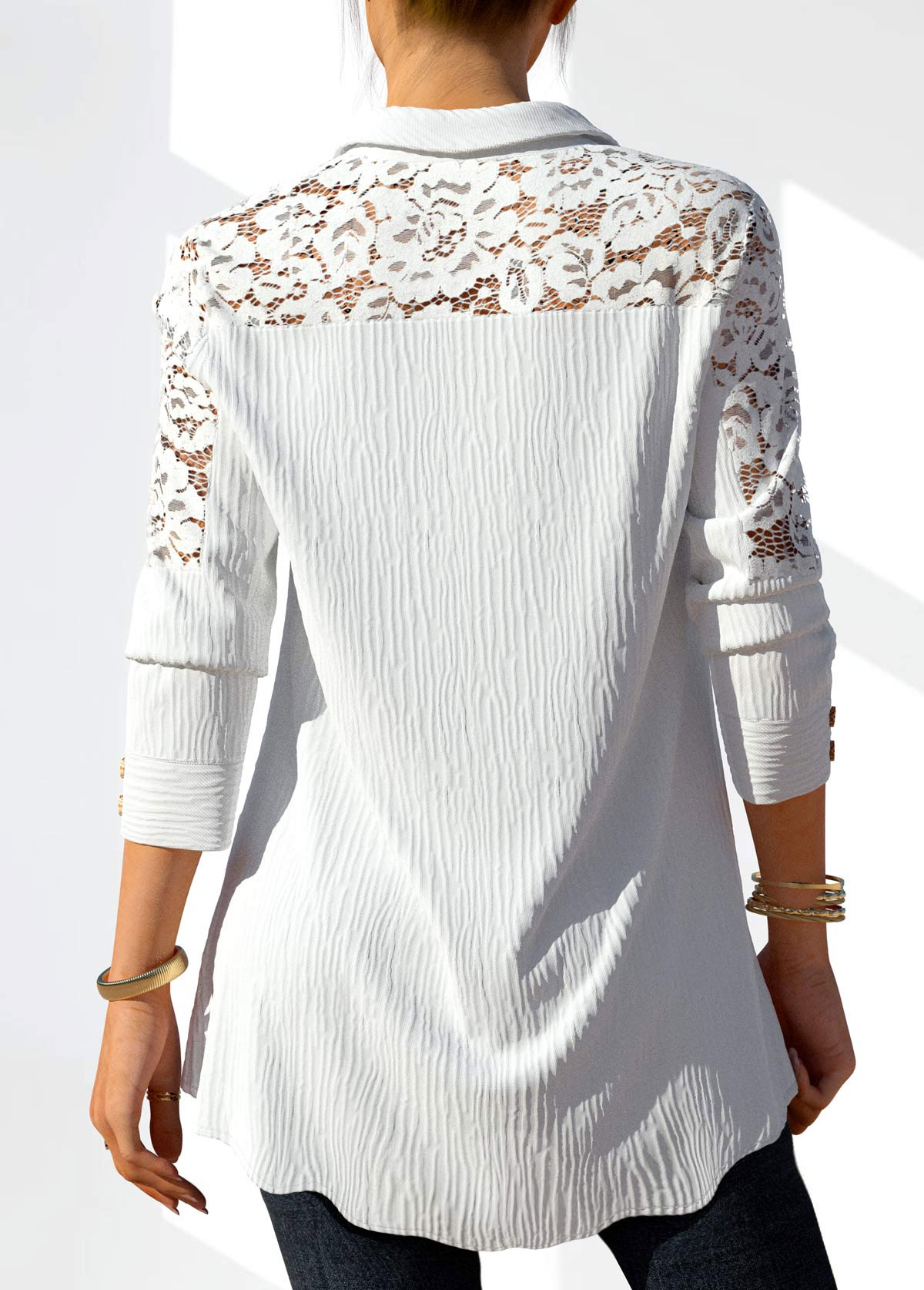 White Lace Stitching Button Detail Blouse | picture 