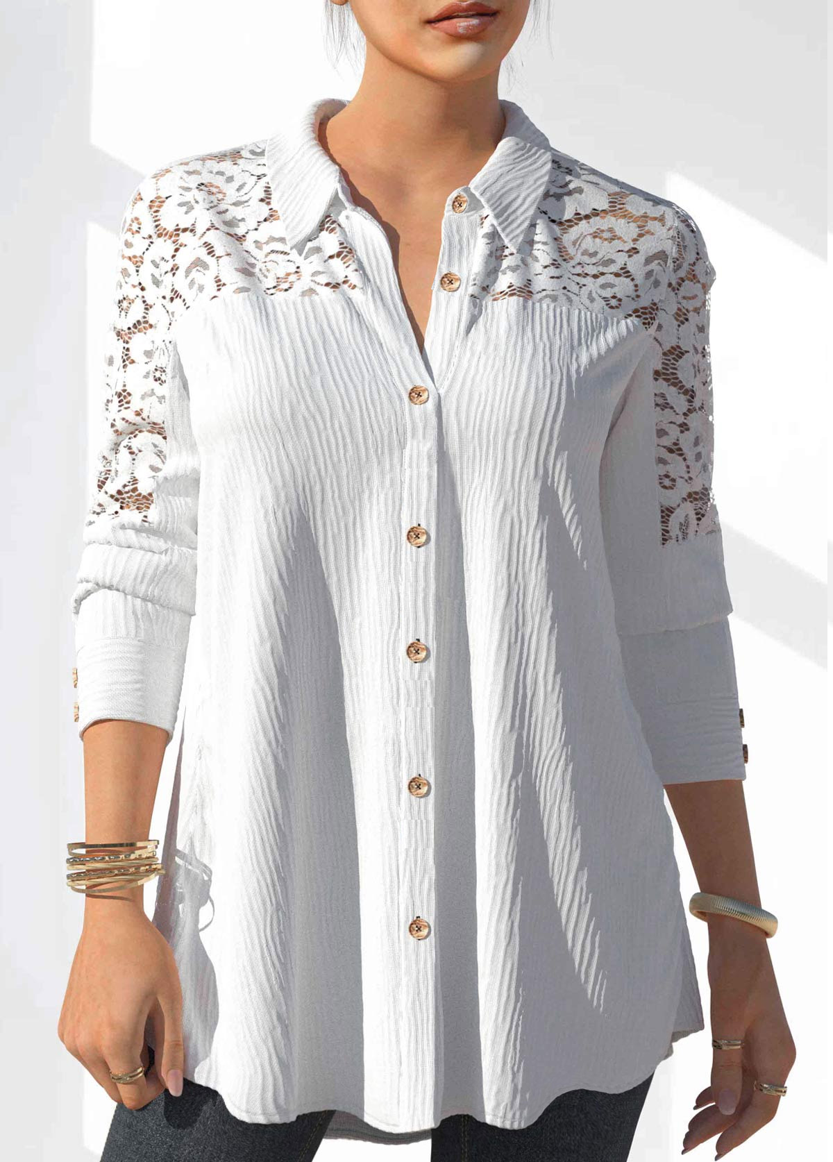 White Lace Stitching Button Detail Blouse | picture 
