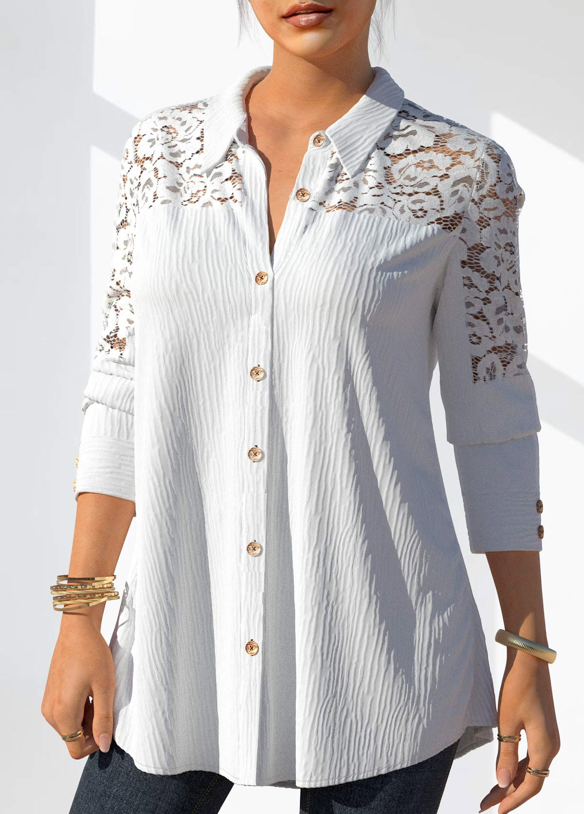 White Lace Stitching Button Detail Blouse | picture 