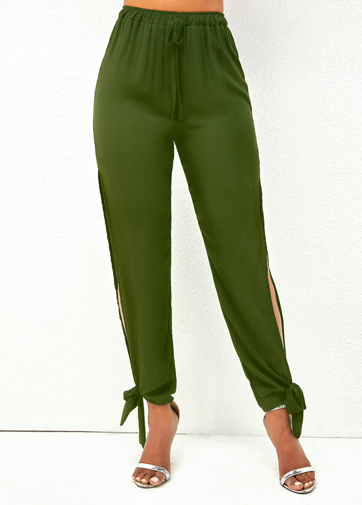 Side Slit Drawstring Waist Army Green Pants