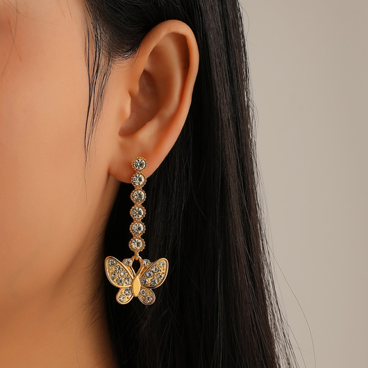 Rhinestone Butterfly Design Metal Detail Gold Earrings