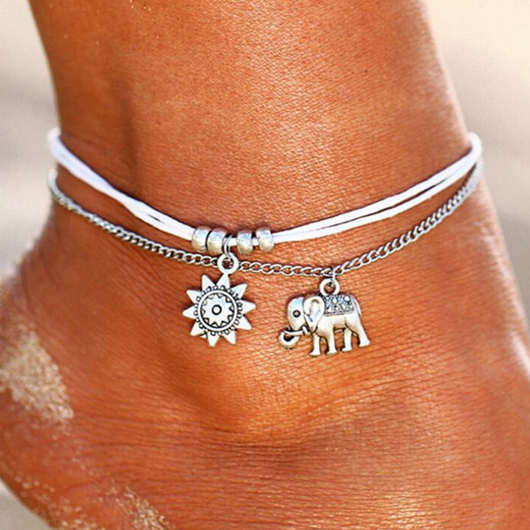 Sun and Elephant Design Silver Anklet Set