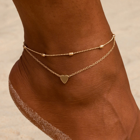 Heart Design Metal Detail Gold Anklet Set