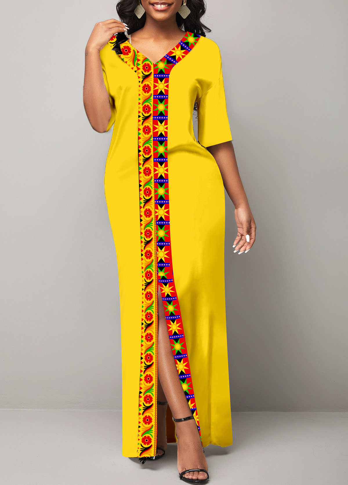 Tribal Print Yellow Front Slit Maxi Dress