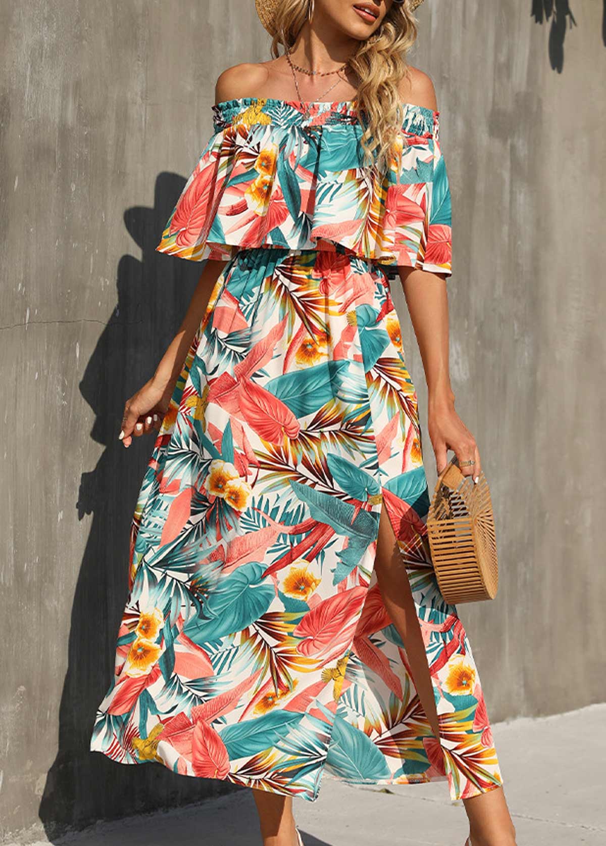 Tropical Print Off Shoulder Multi Color Dress