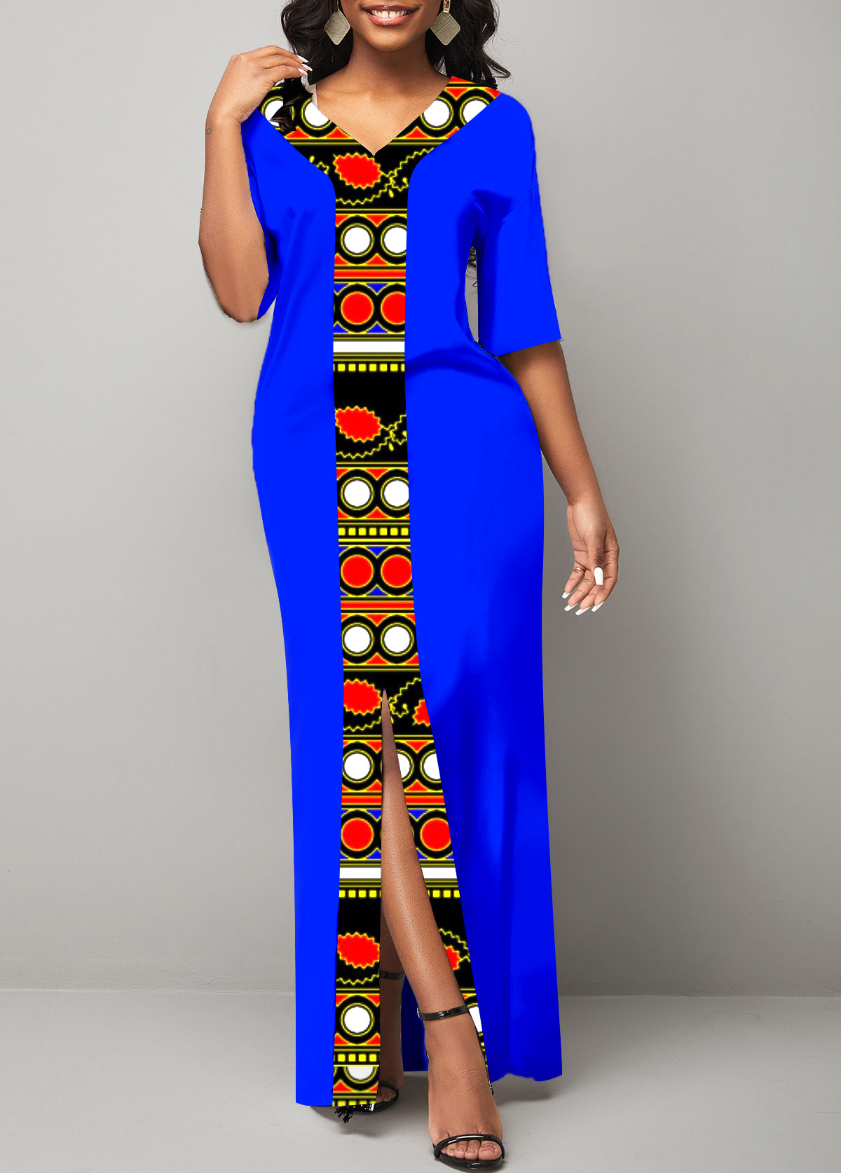 V Neck Royal Blue Tribal Print Maxi Dress