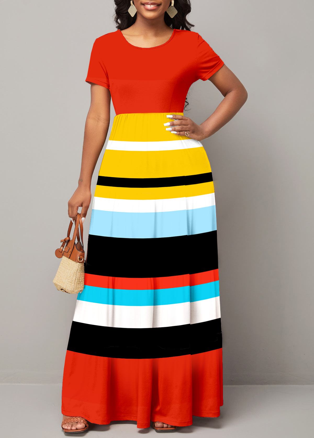 Round Neck Rainbow Stripe Short Sleeve Dress