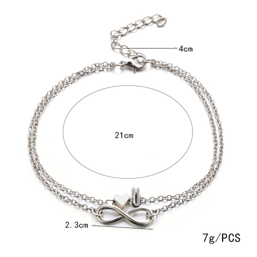 Silver Layered Letter and Heart Design Anklet