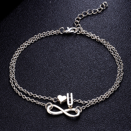Silver Layered Letter and Heart Design Anklet