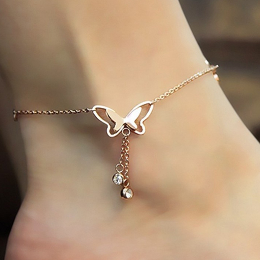 Butterfly Design Silver Rhinestone Detail Anklet
