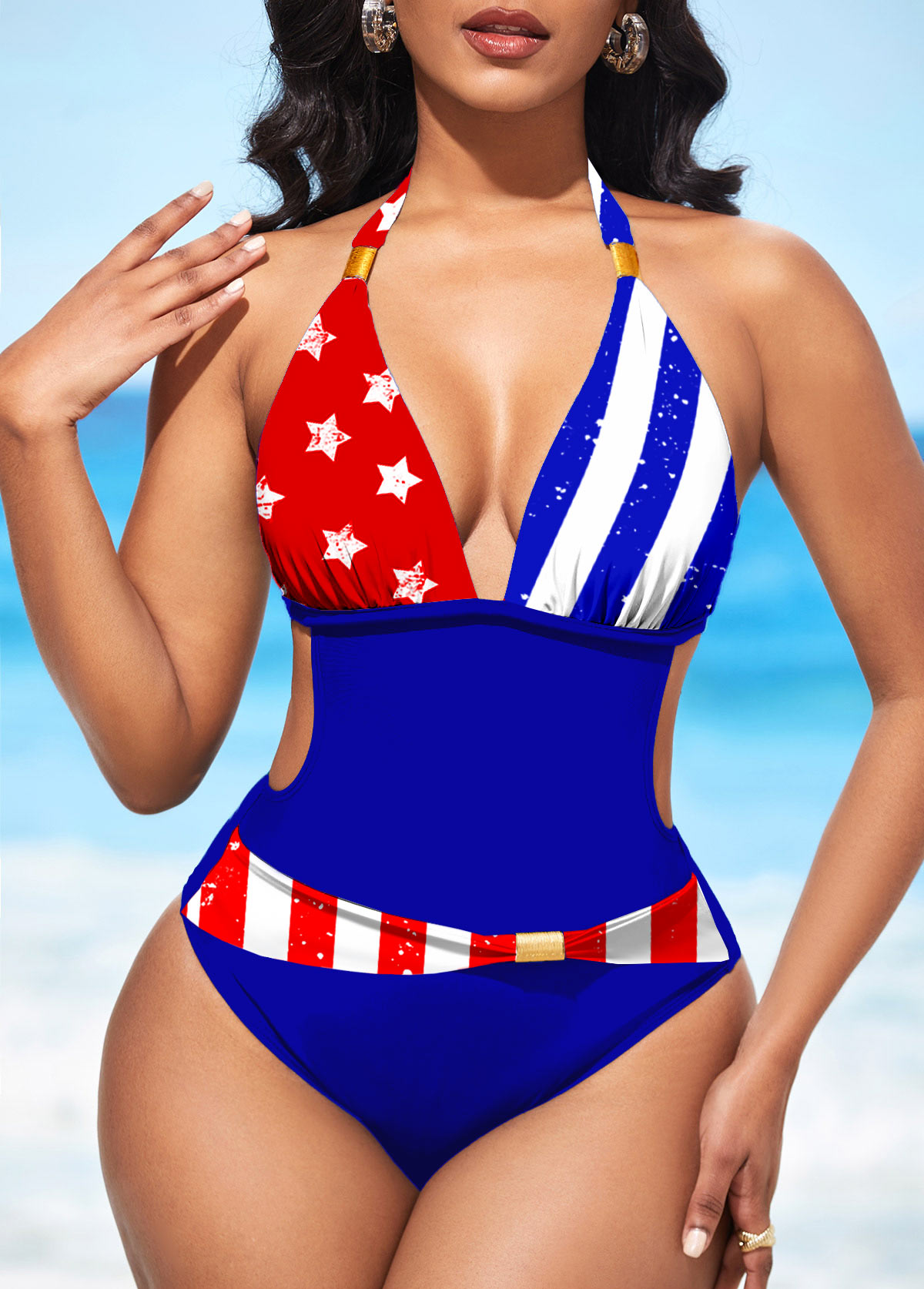 American Flag Print Halter Color Block One Piece Swimwear