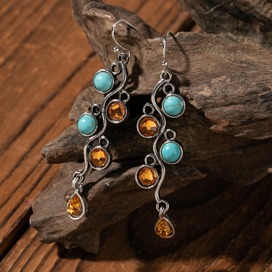 Turquoise Detail Rhinestone Design Color Block Earrings