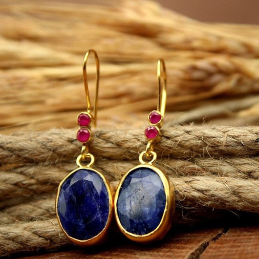 Blue Gemstone Oval Metal Detail Earrings