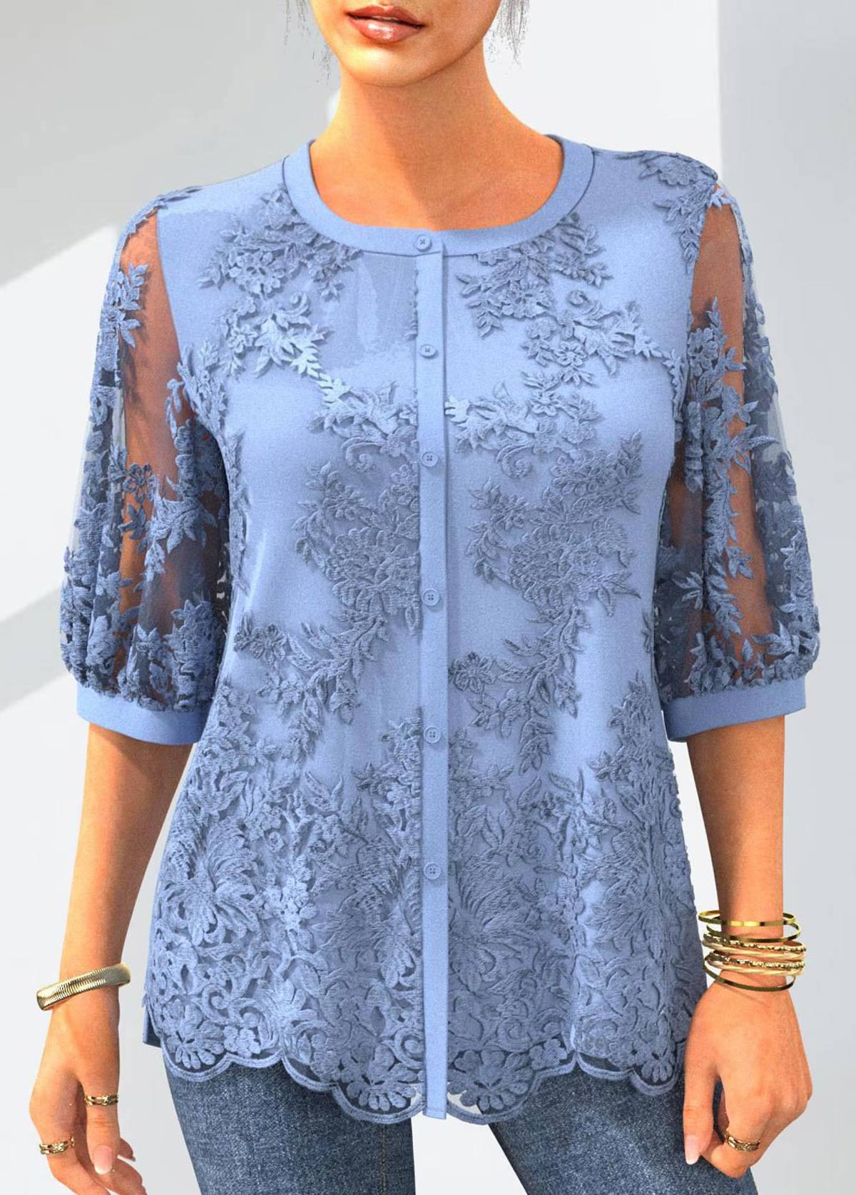 Embroidered Light Blue 3/4 Sleeve Button Up Blouse