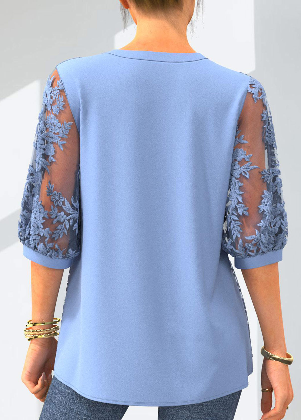 Embroidered Light Blue 3/4 Sleeve Button Up Blouse