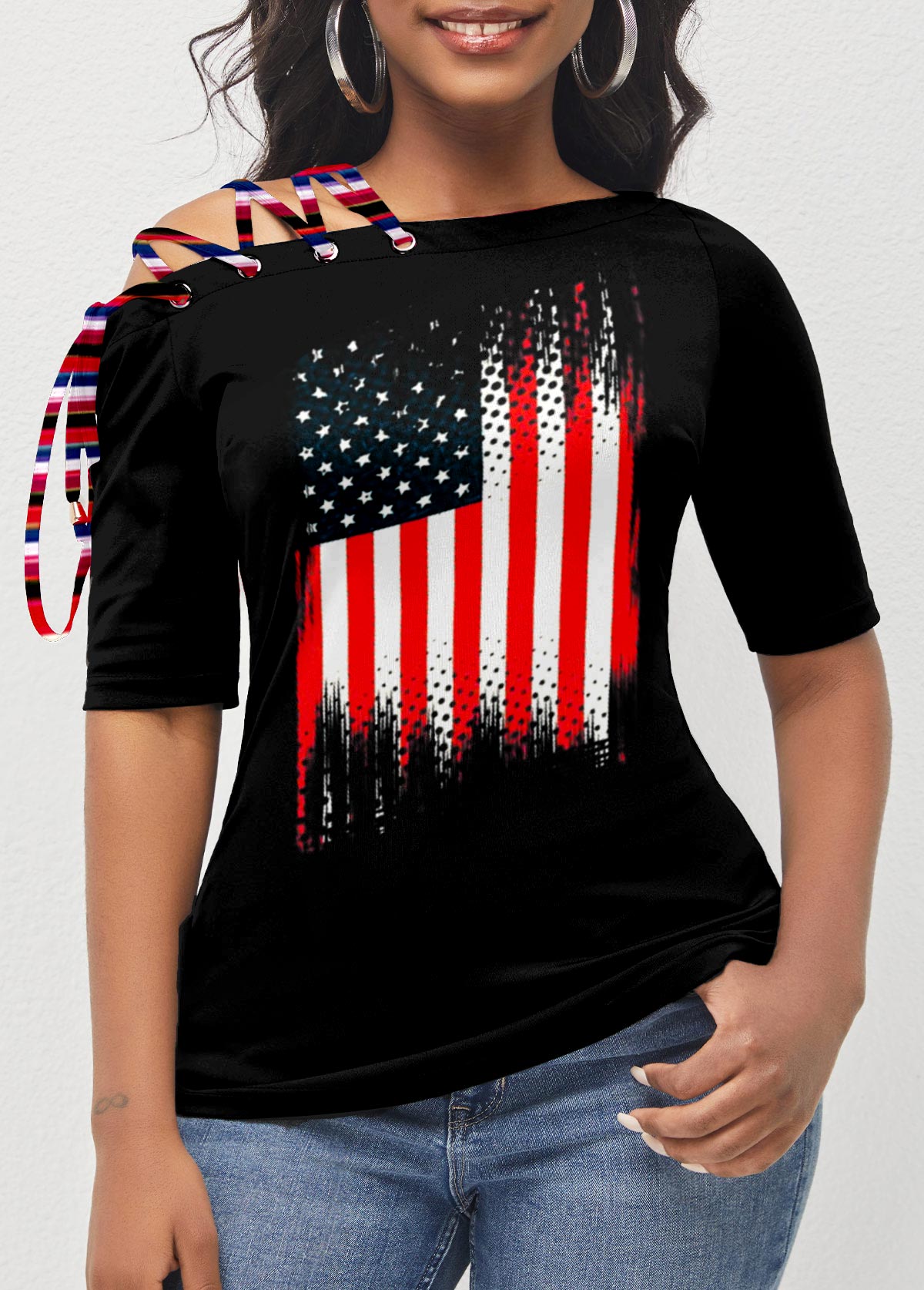 Black American Flag Print Lace Up T Shirt