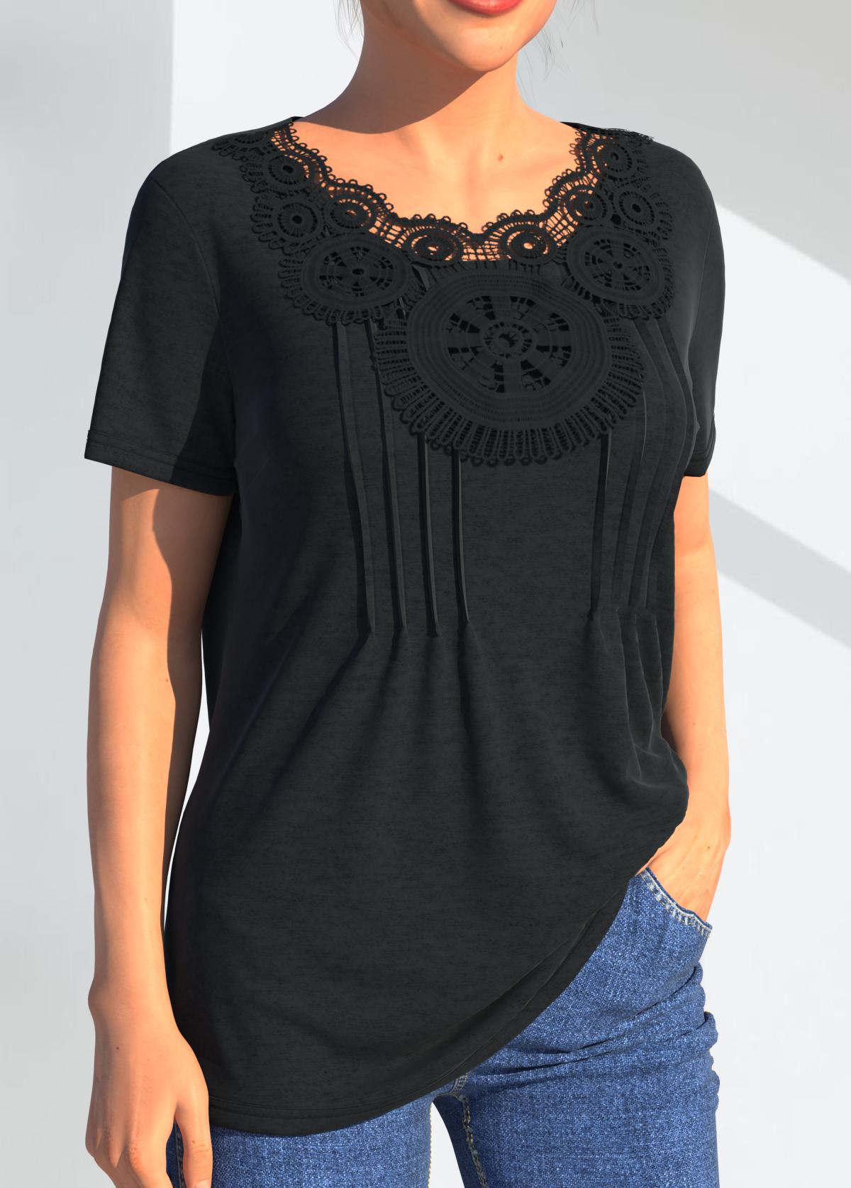 Black Lace Stitching Crinkle Chest T Shirt
