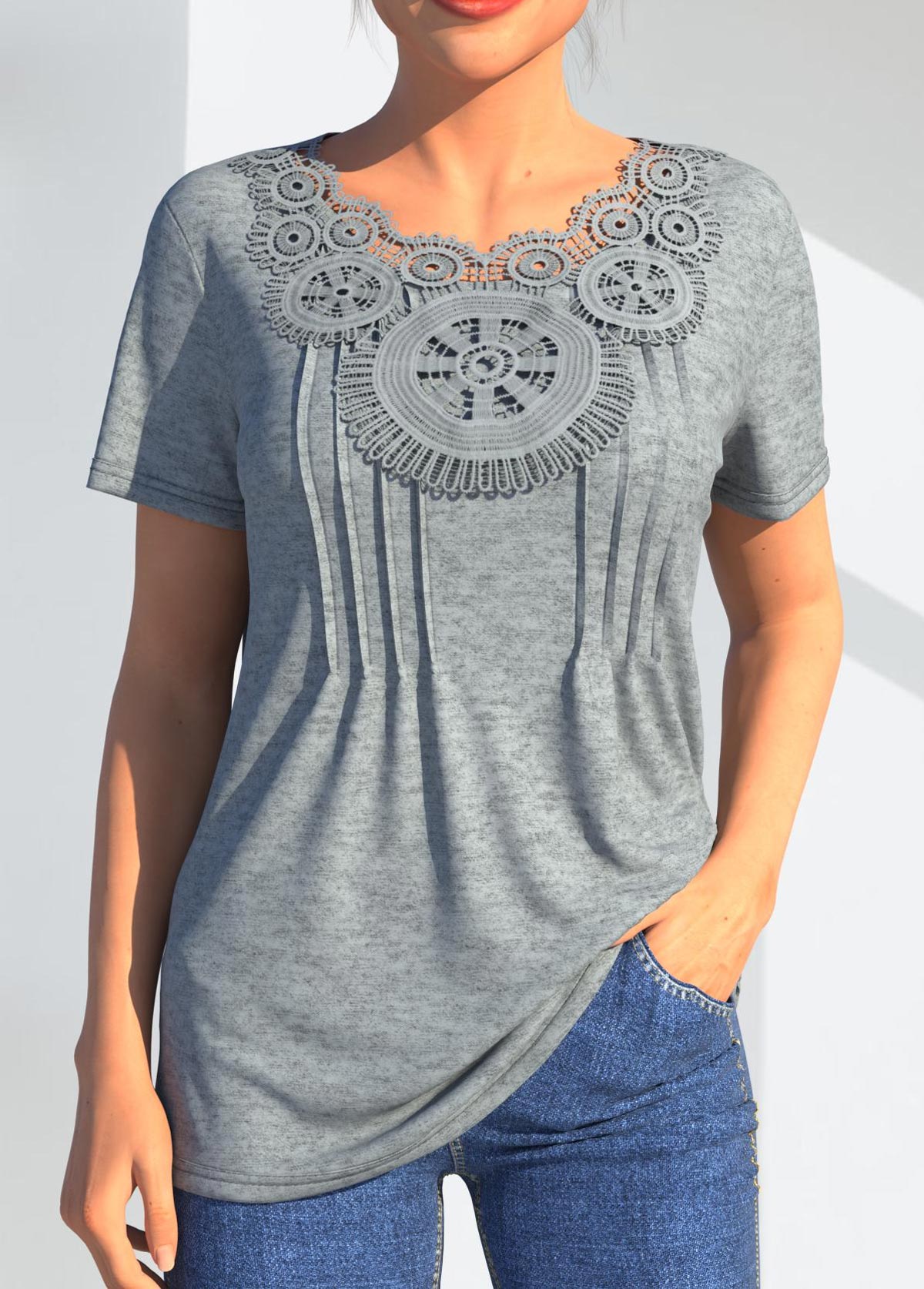 Grey Marl Lace Stitching Crinkle Chest T Shirt