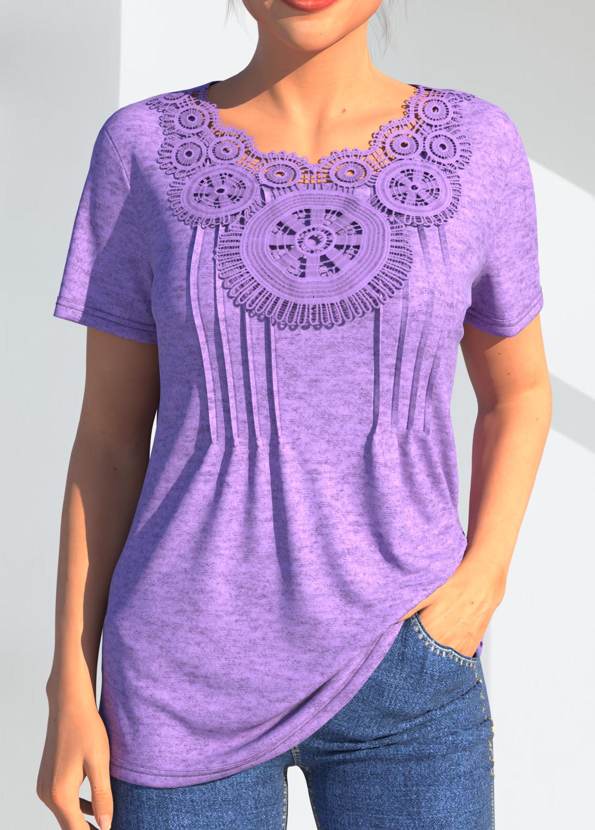 Lace Stitching Crinkle Chest Light Purple T Shirt