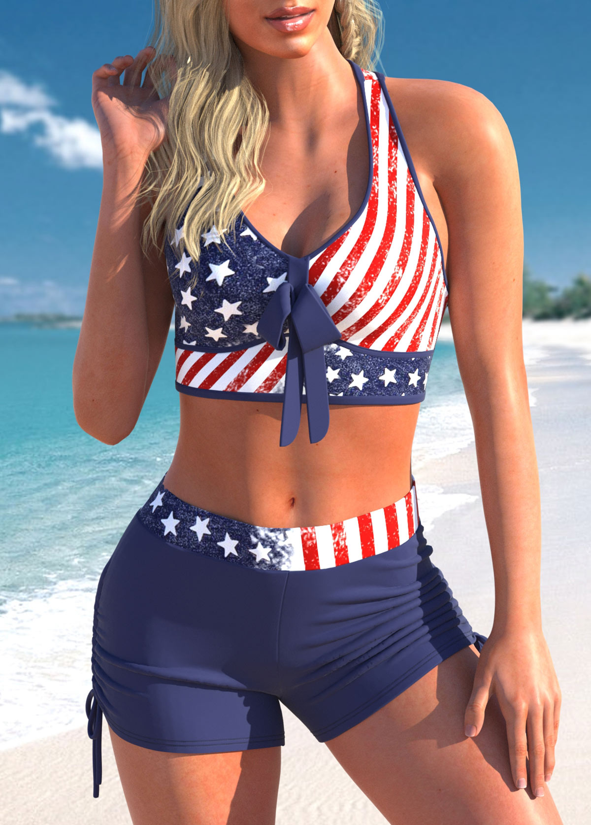 American Flag Print Navy Blue Cross Strap Bikini Set